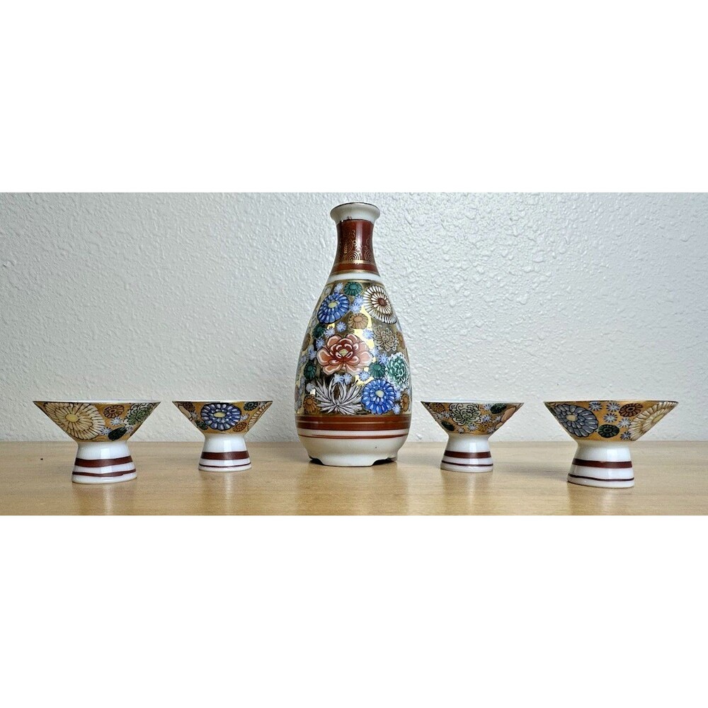 Genuine Kutani Japan Sake Set 5pc Raised Floral Gold Porcelain Kaga Ware Vintage